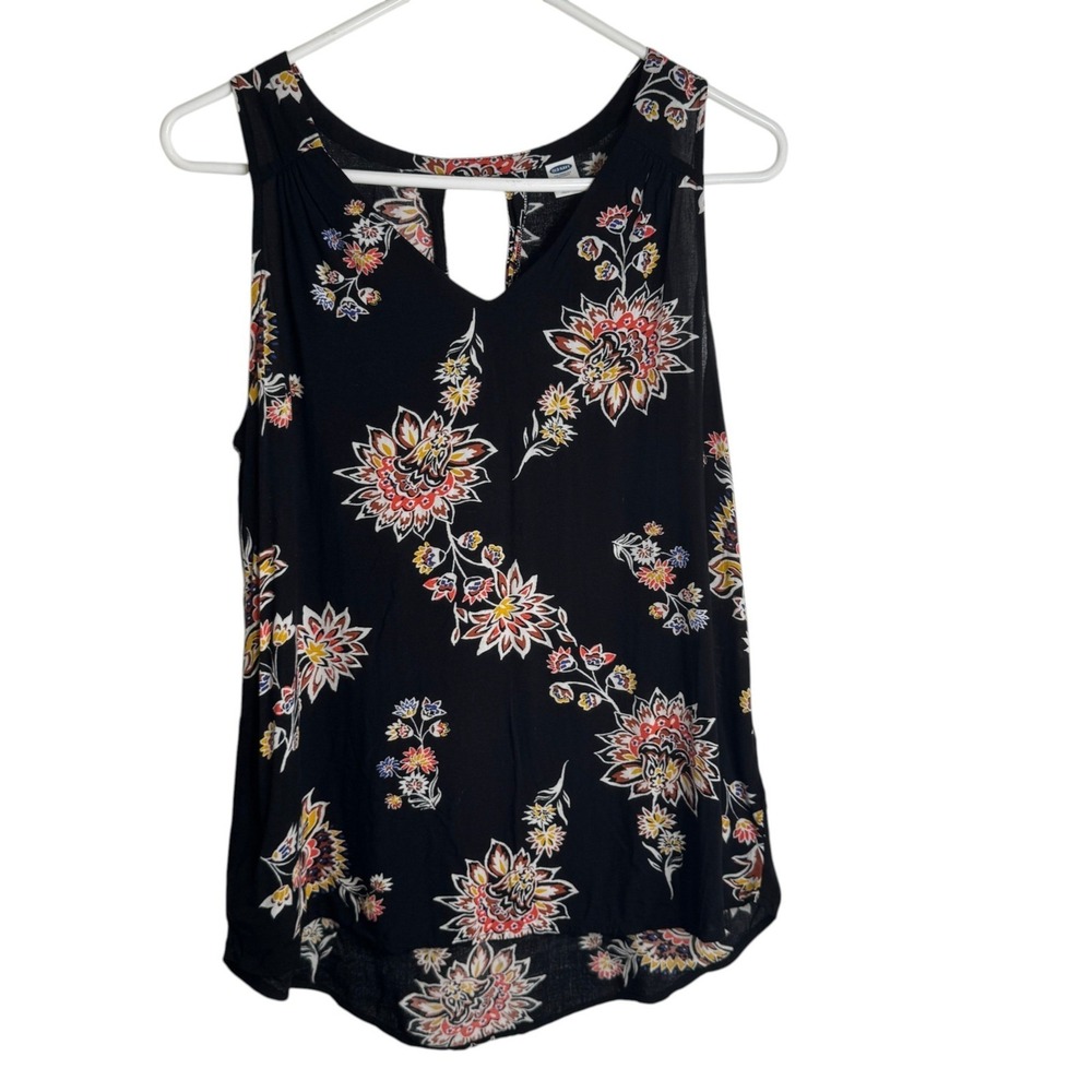 Old Navy Black Floral Sleeveless Tank Top Womens S Keyhole Back Relaxed V Neck